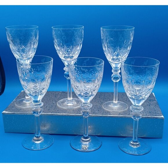 Rogaska Gallia Set Of 6 Floral Etched Cut Lead Crystal Wine Glasses 7" Tall - Picture 1 of 14